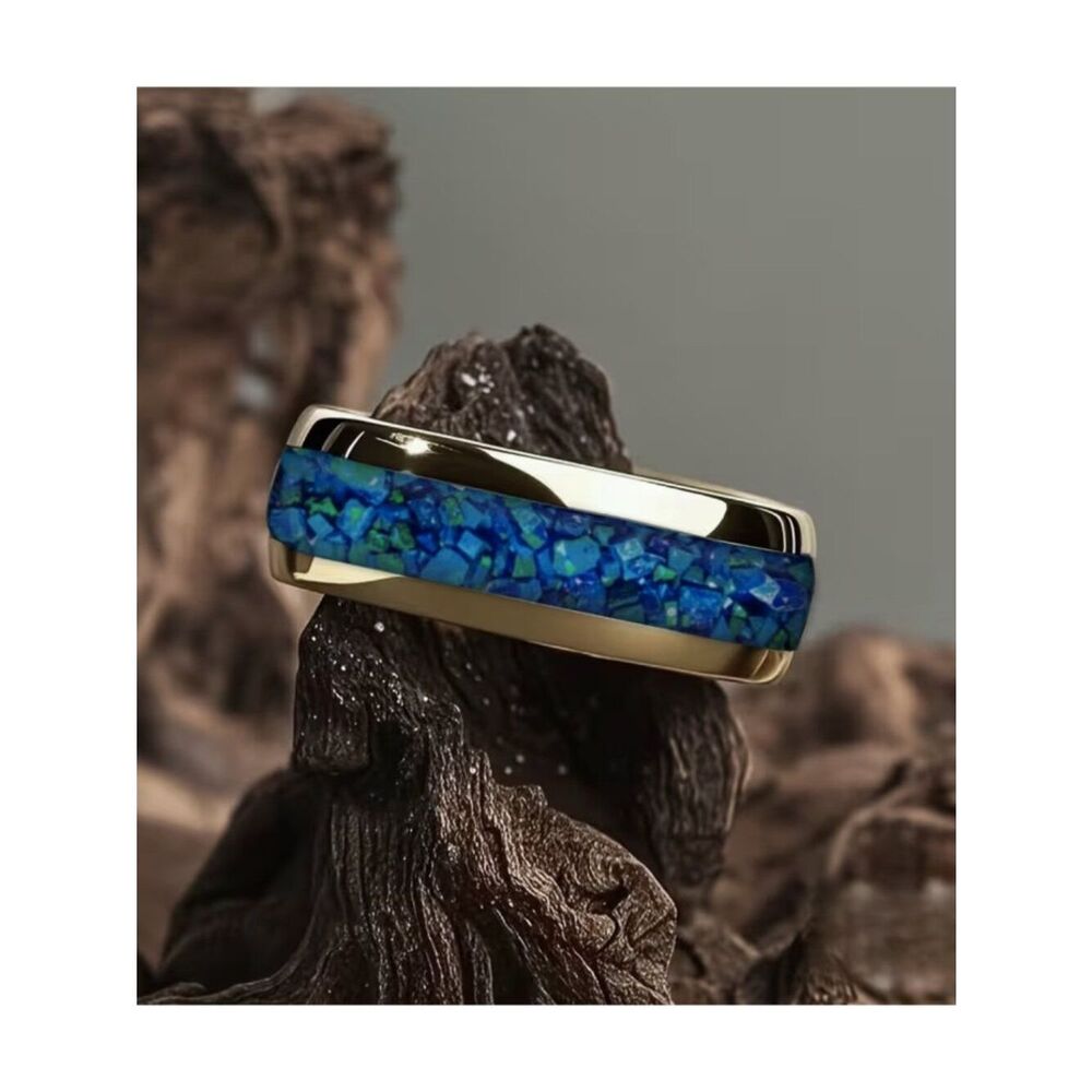 NWT Men's 304 Stainless Steel Gold Simulated Blue Opal Mosaic Inlay Band Ring 8
